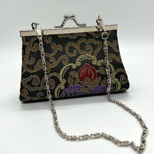 Floral Baroque Black and Gold Mini Clutch Purse Handbag with Removable Strap
